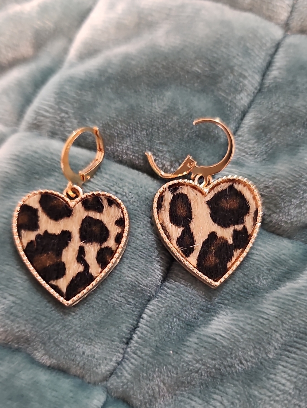 Leopard Heart Drop Earrings - Gold Tone